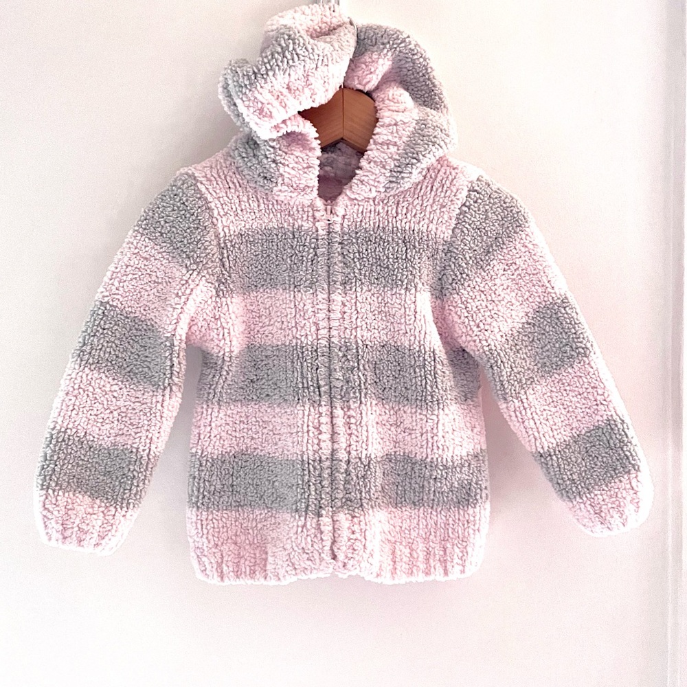 NEW Chenille Amazing Full Zip-Up Hoodie Sweatshirt, Pink & Gray, Velvet Yarn